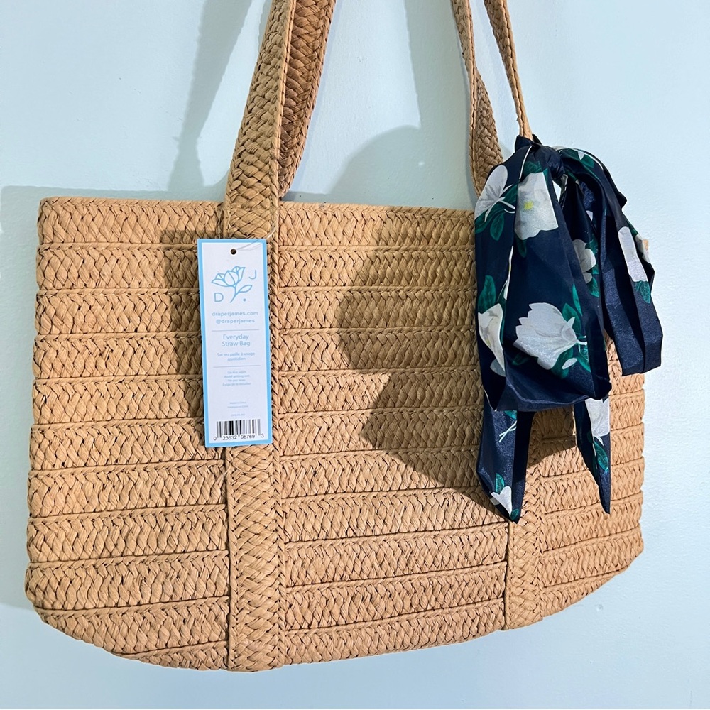 Draper James “Everyday Straw Bag” Tote with Blue Accent Scarf Detail NWOT